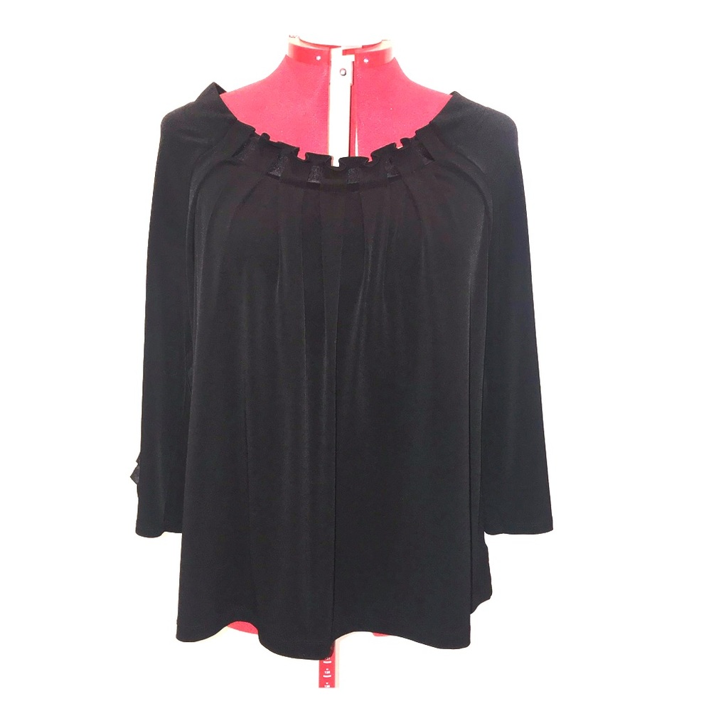 Size 1X black stretch blouse with ribbon detail.